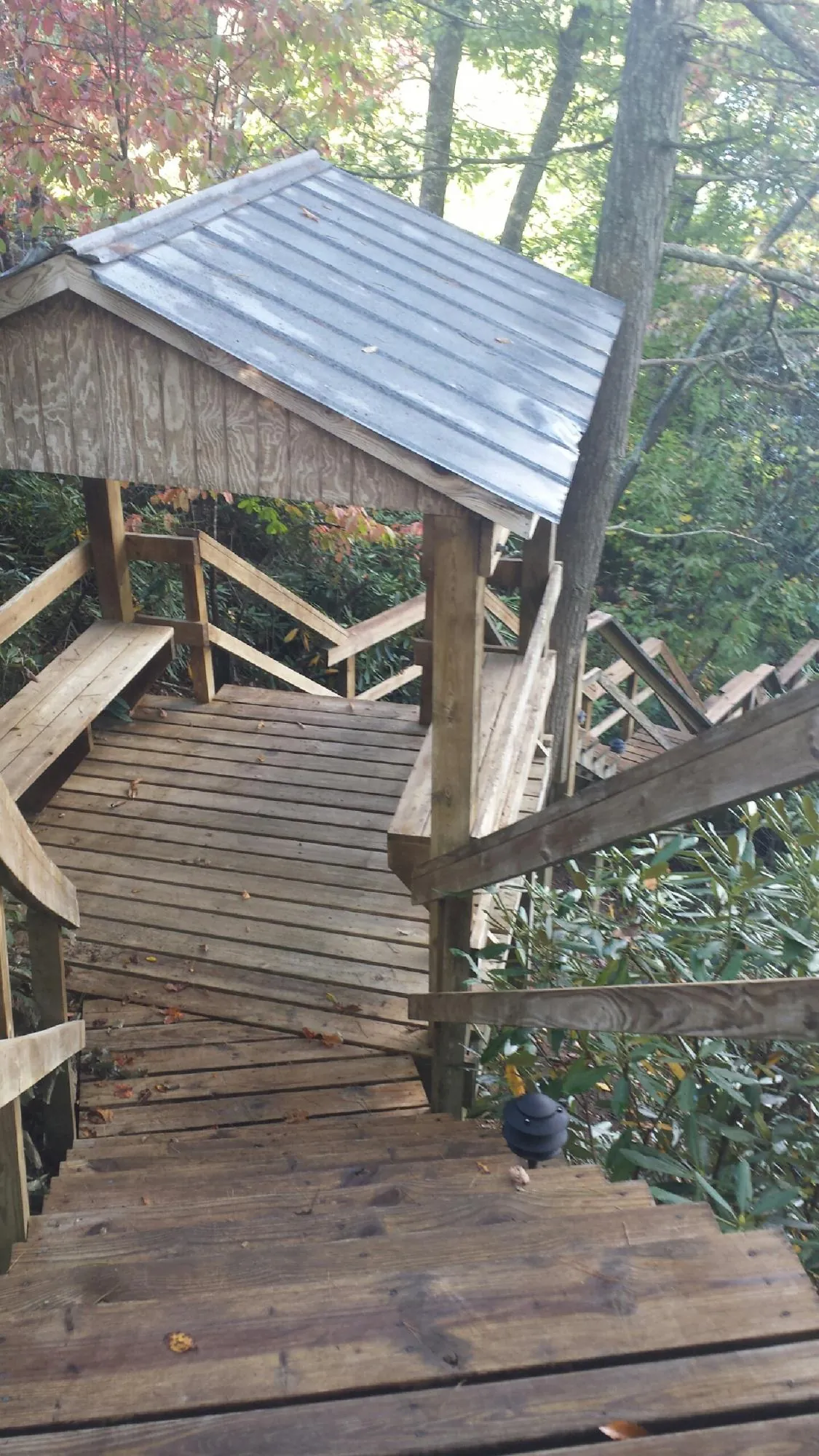 Metal roofed shelter over wooden steps on a wooded walkway — Skylight Repair & Installation work by our crew in Blue Bell